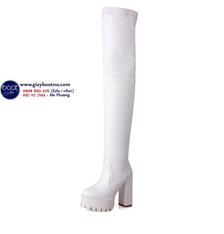 Boot ống cao ngang đùi gót vuông 12cm màu trắng GCC6102