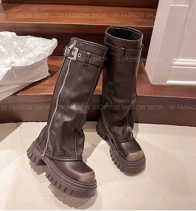 Giày boot nữ kiểu ỐNG QUẦN màu NÂU hottrend cổ cao DƯỚI GỐI che khuyết điểm và kéo dài chân GCC62C