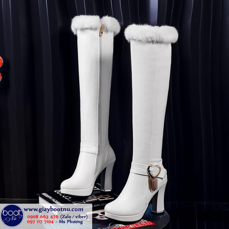 Giày boot cổ lông cao gót trắng THỜI THƯỢNG GCL0102