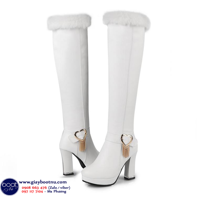 Giày boot cổ lông cao gót trắng THỜI THƯỢNG GCL0102