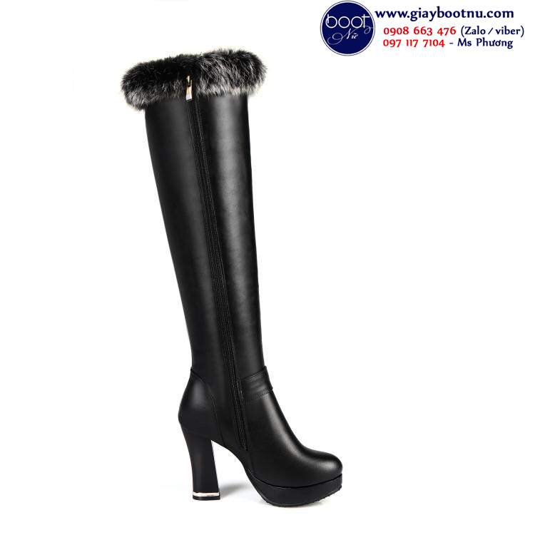 Giày boot cổ lông cao gót đen THỜI THƯỢNG GCL0101