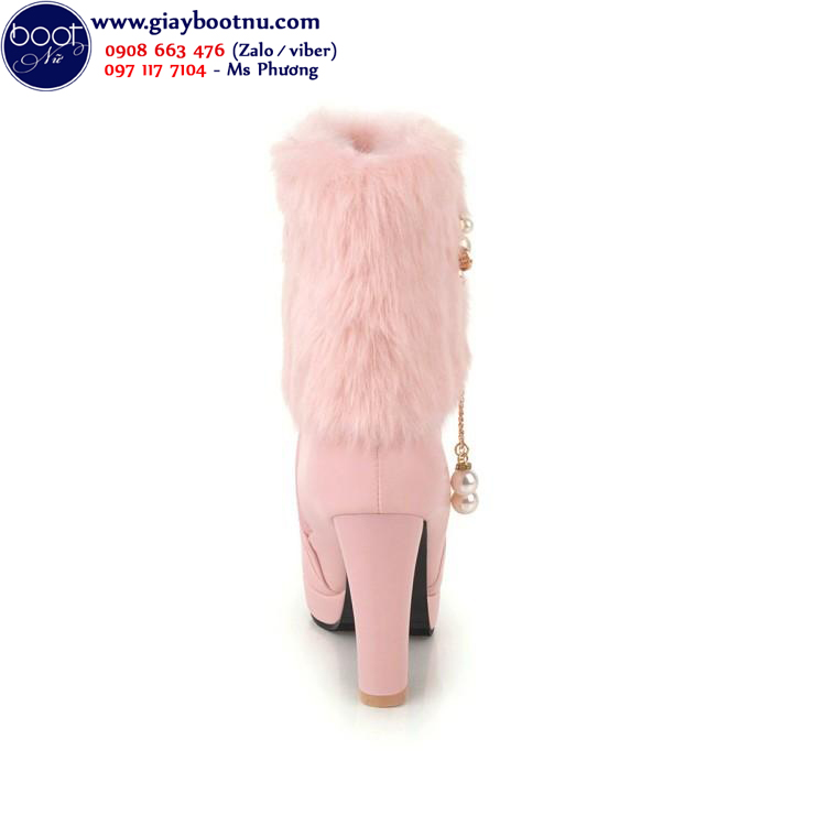 Boot ngắn cổ lông cao gót màu hồng CỰC XINH GCL1003