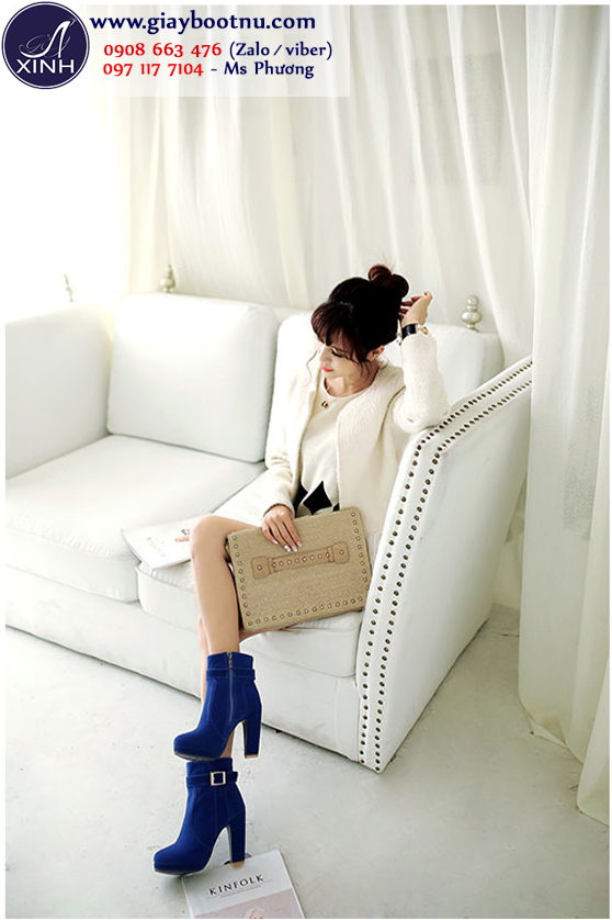 Giày boot nữ đế vuông cao gót màu xanh Coban giày boot nữ sành điệu đúng chuẩn để mặc váy