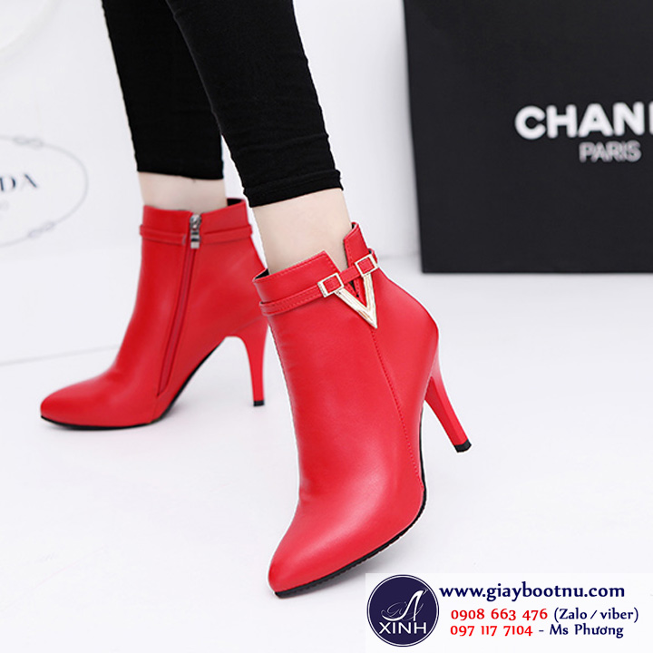 Giày boot nữ cổ ngắn 8.5cm màu đỏ GBN9202