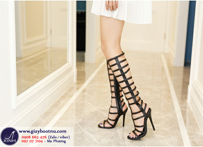 Giày sandal boot cổ cao sành điệu đan dây màu đen GCC1101