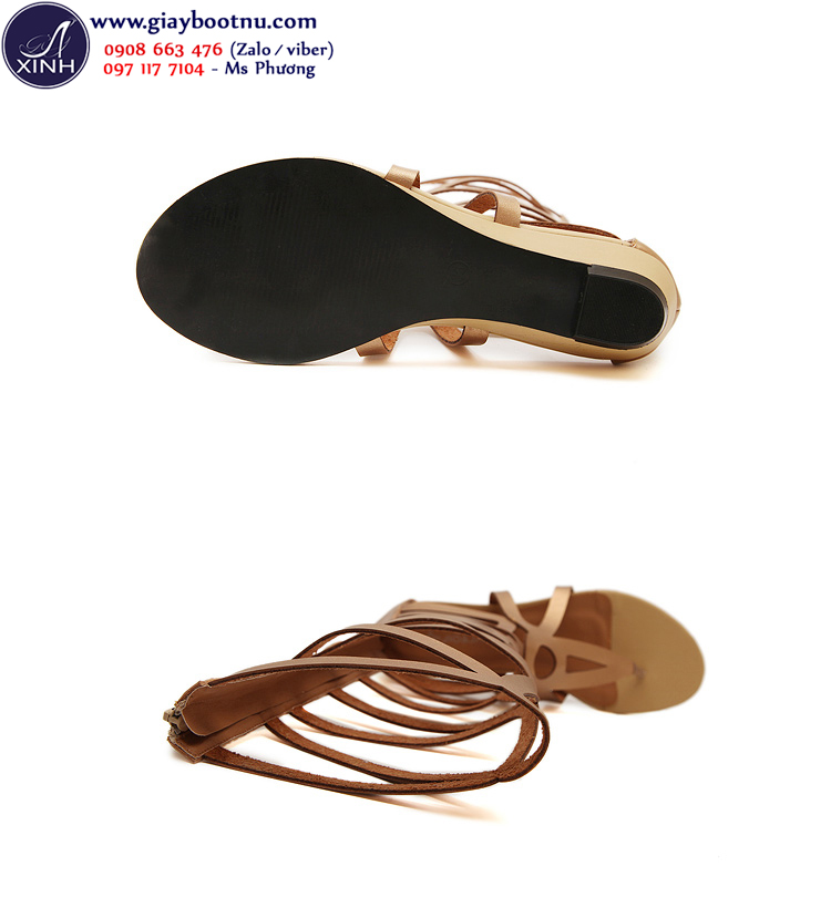 Sandal dây cổ cao dưới gối đế trệt màu da bò GCC3902