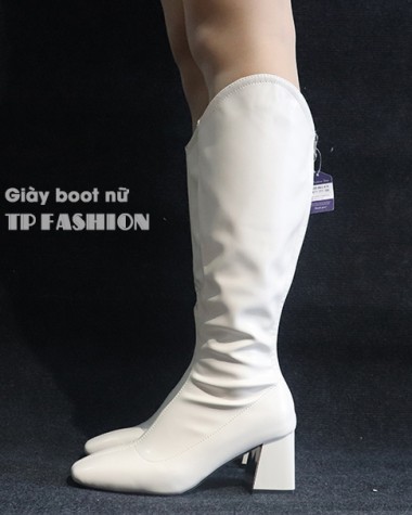 Boot cao dưới gối cổ chữ V gót vuông 7cm màu kem GCC12502 Boot cao dưới gối cổ chữ V gót vuông 7cm màu kem GCC12502