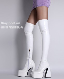 Boot DANCER cổ cao ngang đùi màu trắng DA BÓNG mũi VUÔNG, gót VUÔNG 14CM ÔM CHÂN GCC21B Boot DANCER cổ cao ngang đùi màu trắng DA BÓNG mũi VUÔNG, gót VUÔNG 14CM ÔM CHÂN GCC21B