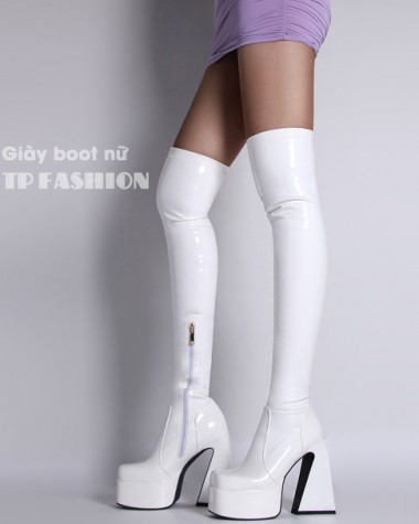 Boot DANCER cổ cao ngang đùi màu trắng DA BÓNG mũi VUÔNG, gót VUÔNG 14CM ÔM CHÂN GCC21B Boot DANCER cổ cao ngang đùi màu trắng DA BÓNG mũi VUÔNG, gót VUÔNG 14CM ÔM CHÂN GCC21B