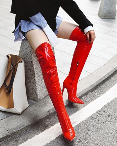 Boot đùi da bóng màu đỏ gót nhọn thanh dáng GCC2903 Boot đùi da bóng màu đỏ gót nhọn thanh dáng GCC2903
