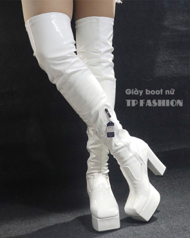 Boot đùi da bóng màu trắng MŨI VUÔNG gót 12cm thời thượng GCC12302