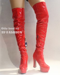 Boot đùi nữ da bóng màu đỏ gót vuông 13cm GCC11303 Boot đùi nữ da bóng màu đỏ gót vuông 13cm GCC11303