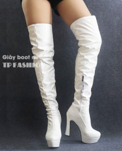 Boot đùi nữ da bóng màu trắng gót vuông 13cm SÀNH ĐIỆU GCC11302
