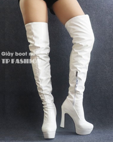 Boot đùi nữ da bóng màu trắng gót vuông 13cm SÀNH ĐIỆU GCC11302