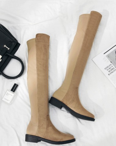 Boot qua gối đế bệt màu vàng mơ CHẤT DA LỘN PHỐI SATIN ôm chân GCC12403 Boot qua gối đế bệt màu vàng mơ CHẤT DA LỘN PHỐI SATIN ôm chân GCC12403