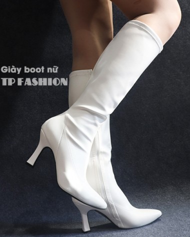 Boots nữ cổ cao dưới gối màu trắng gót nhỏ 9cm ÔM CHÂN GCC12002