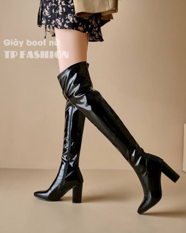 Giày boot cổ cao qua gối DA BÓNG mũi nhọn gót vuông 8.5cm dây kéo dài SANG CHẢNH GCC32A Giày boot cổ cao qua gối DA BÓNG mũi nhọn gót vuông 8.5cm dây kéo dài SANG CHẢNH GCC32A