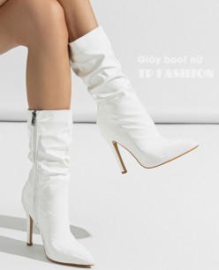 Giày boot cổ lửng da bóng NHĂN, XẾP LY màu trắng hottrend mũi nhọn gót nhọn 11cm GBN65B Giày boot cổ lửng da bóng NHĂN, XẾP LY màu trắng hottrend mũi nhọn gót nhọn 11cm GBN65B