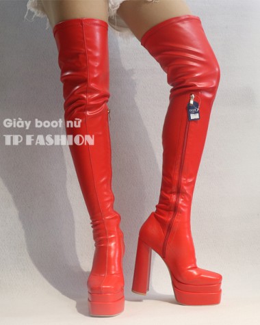 Giày boot đùi nữ CAO GÓT 15CM chất da PU màu đỏ NỔI BẬT ống SIÊU DÀI- ÔM CHÂN GCC11803