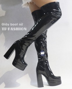 Giày boot đùi nữ gót vuông cao 14cm DA BÓNG, CHẮC CHẮN, ÔM CHÂN màu đen GCC131A