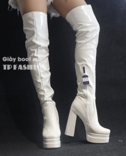 Giày boot đùi nữ gót vuông cao 14cm DA BÓNG, CHẮC CHẮN, ÔM CHÂN màu trắng GCC131B Giày boot đùi nữ gót vuông cao 14cm DA BÓNG, CHẮC CHẮN, ÔM CHÂN màu trắng GCC131B