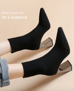 Giày boot len nữ cổ ngắn ÔM CHÂN mũi nhọn, gót vuông TRÁNG GƯƠNG cao 8cm GBN18