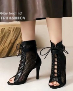 Giày boot lưới nữ cổ ngắn CỘT DÂY ôm chân màu đen  gót nhọn 10cm GBN129A