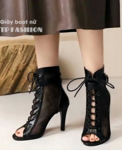 Giày boot lưới nữ cổ ngắn CỘT DÂY ôm chân màu đen gót nhọn 10cm GBN129A Giày boot lưới nữ cổ ngắn CỘT DÂY ôm chân màu đen gót nhọn 10cm GBN129A