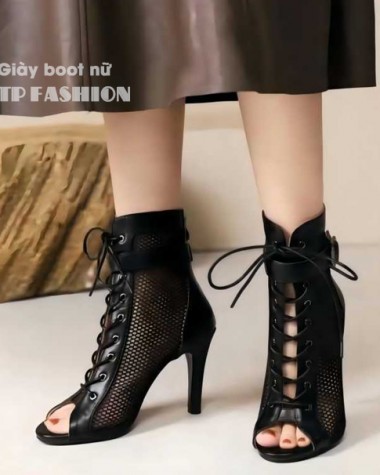 Giày boot lưới nữ cổ ngắn CỘT DÂY ôm chân màu đen  gót nhọn 10cm GBN129A Giày boot lưới nữ cổ ngắn CỘT DÂY ôm chân màu đen  gót nhọn 10cm GBN129A