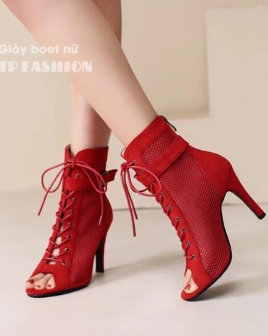 Giày boot lưới nữ cổ ngắn CỘT DÂY ôm chân màu ĐỎ gót nhọn 10cm GBN129C