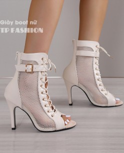 Giày boot lưới nữ cổ ngắn CỘT DÂY ôm chân màu kem gót nhọn 10cm GBN129B Giày boot lưới nữ cổ ngắn CỘT DÂY ôm chân màu kem gót nhọn 10cm GBN129B