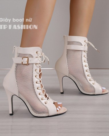 Giày boot lưới nữ cổ ngắn CỘT DÂY ôm chân màu kem gót nhọn 10cm GBN129B