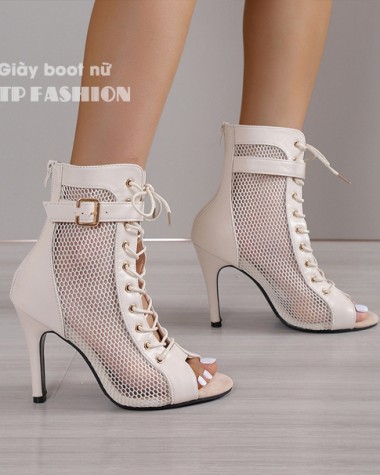 Giày boot lưới nữ cổ ngắn CỘT DÂY ôm chân màu kem gót nhọn 10cm GBN129B Giày boot lưới nữ cổ ngắn CỘT DÂY ôm chân màu kem gót nhọn 10cm GBN129B