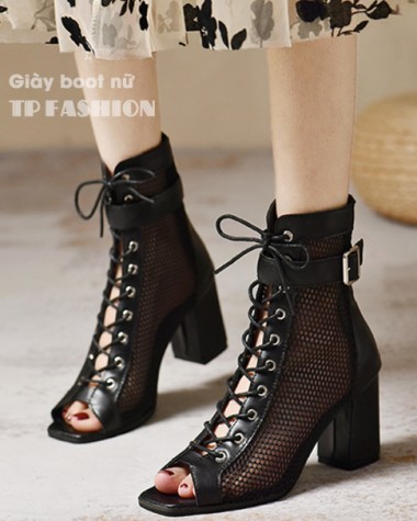 Giày boot lưới nữ cột dây mũi vuông, gót vuông 8cm có khuy cài ÔM CHÂN- THANH DÁNG GBN24A