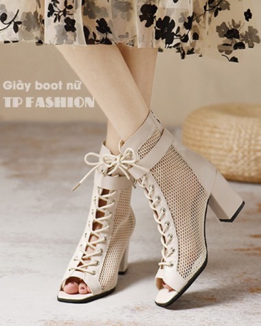 Giày boot lưới nữ màu KEM cột dây mũi vuông, gót vuông 8cm có khuy cài ÔM CHÂN- THANH DÁNG GBN24B Giày boot lưới nữ màu KEM cột dây mũi vuông, gót vuông 8cm có khuy cài ÔM CHÂN- THANH DÁNG GBN24B