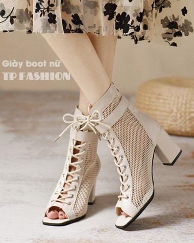 Giày boot lưới nữ màu KEM cột dây mũi vuông, gót vuông 8cm có khuy cài ÔM CHÂN- THANH DÁNG GBN24B