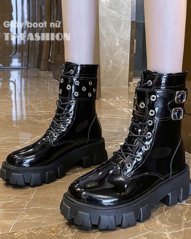 Giày boot nữ buộc dây DA BÓNG đế thấp 5cm màu đen cổ lửng 17cm chuẩn style CÁ TÍNH GBN29A Giày boot nữ buộc dây DA BÓNG đế thấp 5cm màu đen cổ lửng 17cm chuẩn style CÁ TÍNH GBN29A