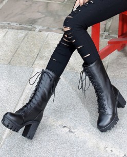 Giày boot nữ cổ cao cột dây màu đen sành điệu GCC4501