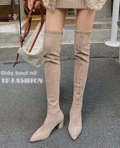 Giày boot nữ cổ cao qua gối chất da lộn MÀU KEM gót vuông 7cm MŨI NHỌN đơn giản GCC31B Giày boot nữ cổ cao qua gối chất da lộn MÀU KEM gót vuông 7cm MŨI NHỌN đơn giản GCC31B
