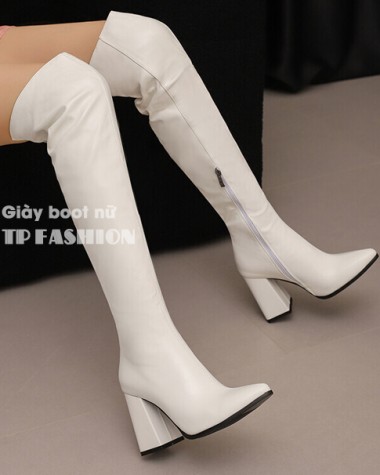 Giày boot nữ cổ cao qua gối ĐƠN GIẢN mũi nhọn gót vuông 9.5cm màu trắng GCC23B Giày boot nữ cổ cao qua gối ĐƠN GIẢN mũi nhọn gót vuông 9.5cm màu trắng GCC23B