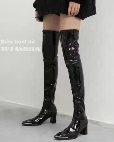 Giày boot nữ cổ cao qua gối MŨI VUÔNG bọc kim loại DA BÓNG sang chảnh gót 8cm GCC12 Giày boot nữ cổ cao qua gối MŨI VUÔNG bọc kim loại DA BÓNG sang chảnh gót 8cm GCC12