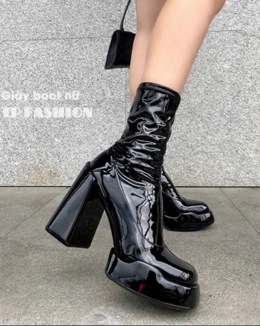 Giày boot nữ cổ lửng gót vuông 12cm chất DA BÓNG sang chảnh, thiết kế đơn giản KHÔNG DÂY KÉO GBN15 Giày boot nữ cổ lửng gót vuông 12cm chất DA BÓNG sang chảnh, thiết kế đơn giản KHÔNG DÂY KÉO GBN15