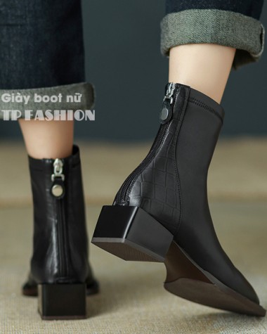 Giày boot nữ cổ ngắn, đế hình vuông thấp 4.5cm, GÓT GIÀY CÓ ĐƯỜNG GÂN cho style SANG CHẢNH GBN14