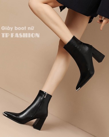 Giày boot nữ cổ ngắn ĐƠN GIẢN mũi nhọn bọc kim loại GÓT VUÔNG sang chảnh GBN67A Giày boot nữ cổ ngắn ĐƠN GIẢN mũi nhọn bọc kim loại GÓT VUÔNG sang chảnh GBN67A
