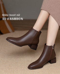 Giày boot nữ cổ ngắn màu NÂU đế thấp 4cm MŨI VUÔNG đơn giản GBN02C