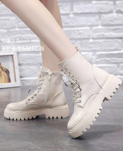 Giày boot nữ cột dây màu kem đế chống trượt gót 4cm cực xinh xắn GBN32B