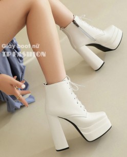Giày boot nữ CỘT DÂY màu trắng cổ ngắn gót vuông đế kép 14cm, mũi vuông ÔM CHÂN - HIỆN ĐẠI GBN20B