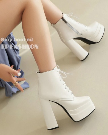 Giày boot nữ CỘT DÂY màu trắng cổ ngắn gót vuông đế kép 14cm, mũi vuông ÔM CHÂN - HIỆN ĐẠI GBN20B Giày boot nữ CỘT DÂY màu trắng cổ ngắn gót vuông đế kép 14cm, mũi vuông ÔM CHÂN - HIỆN ĐẠI GBN20B