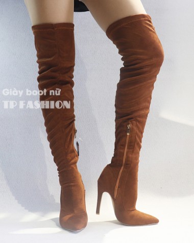 Giày boot nữ ngang đùi màu nâu ÔM CHÂN chất da lộn cao gót 11cm GCC0402