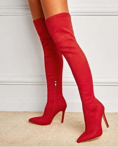 Giày boot nữ da lộn ngang đùi  màu đỏ THỜI THƯỢNG GCC0403